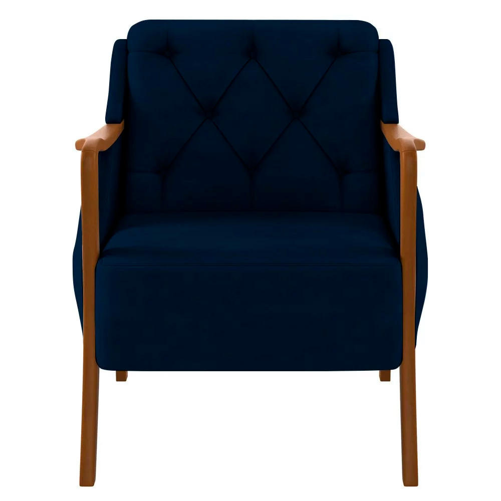 Poltrona Decorativa Braços em Madeira Hand Veludo Azul Marinho G45 - Gran Belo