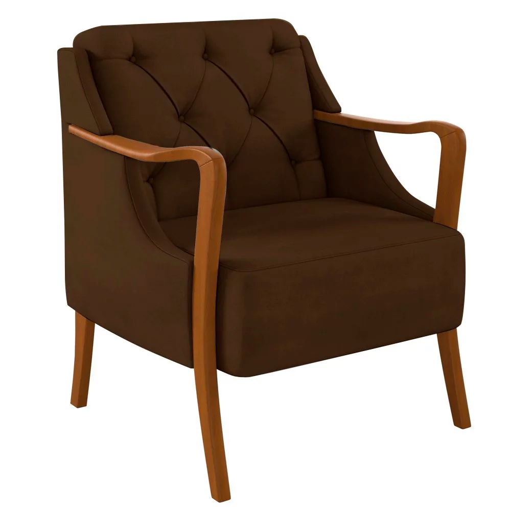 Poltrona Decorativa Braços em Madeira Hand Veludo Marrom G45 - Gran Belo