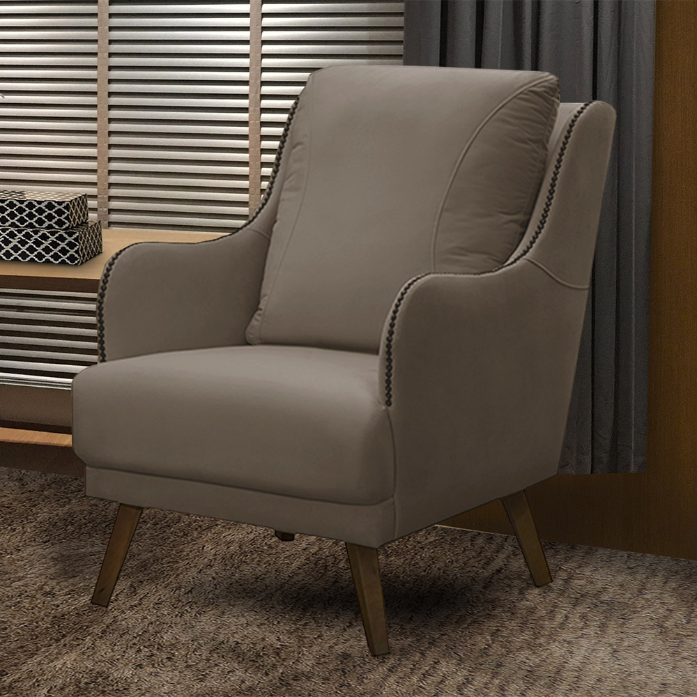 Poltrona Decorativa Catar com Tachas Veludo Bege G33 - Gran Belo