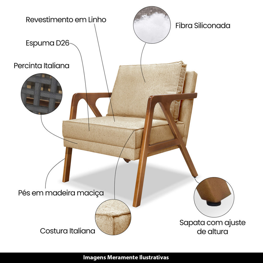 Poltrona Decorativa De Luxo Frida Linho Dourado G63 - Gran Belo