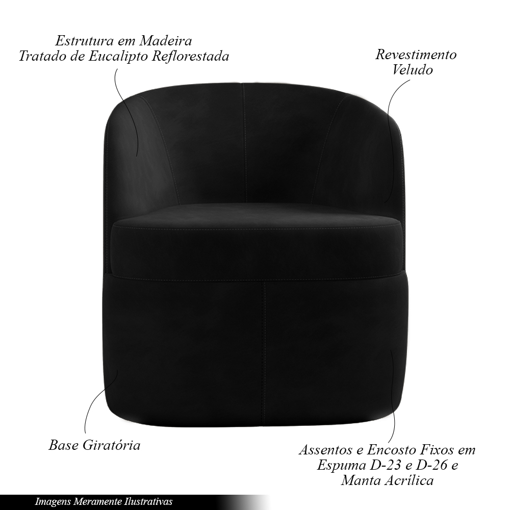 Poltrona Decorativa Design Moderno Bel Sala de Estar Base Giratória Veludo Preto G33 - Gran Belo
