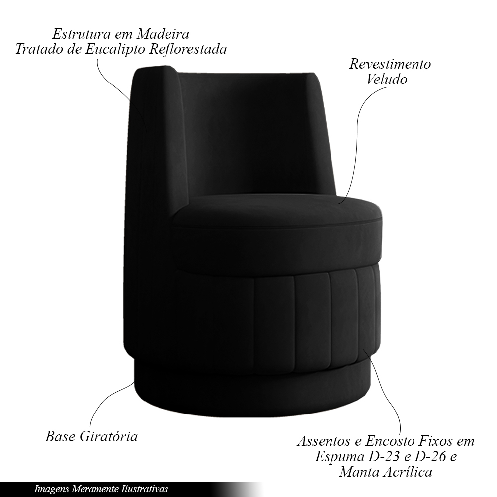 Poltrona Decorativa Estilo Único Éfeso Sala de Estar Base Giratória Veludo Preto G33 - Gran Belo
