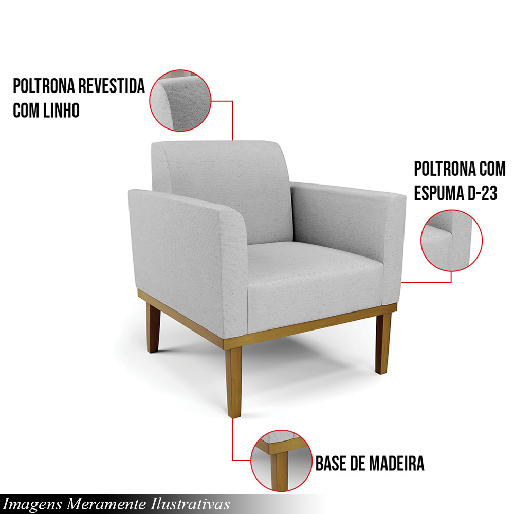 Poltrona Decorativa Isabella Pés Fixo em Madeira Castanho Linho Cinza G19 - Gran Belo