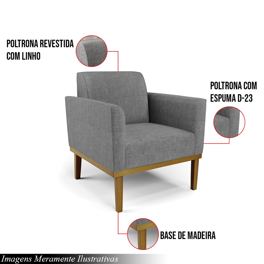 Poltrona Decorativa Isabella Pés Fixo em Madeira Castanho Linho Cinza Mesclado G19 - Gran Belo