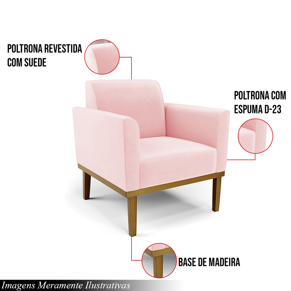 Poltrona Decorativa Isabella Pés Fixo em Madeira Castanho Suede Rosa Bebê G19 - Gran Belo