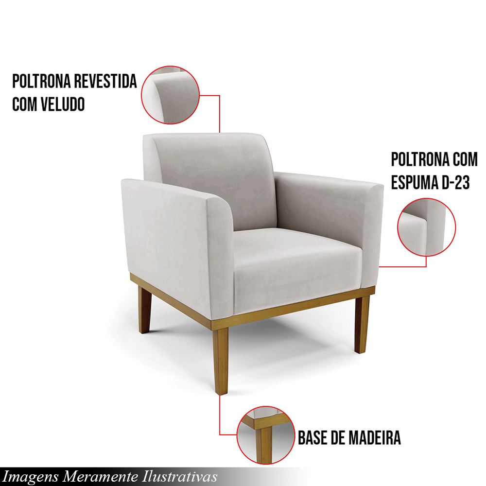 Poltrona Decorativa Isabella Pés Fixo em Madeira Castanho Veludo Cinza G19 - Gran Belo