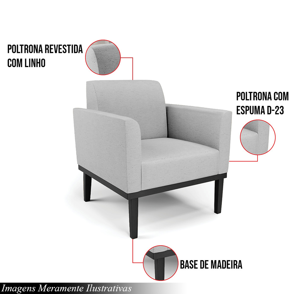 Poltrona Decorativa Isabella Pés Fixo em Madeira Preto Linho Cinza G19 - Gran Belo
