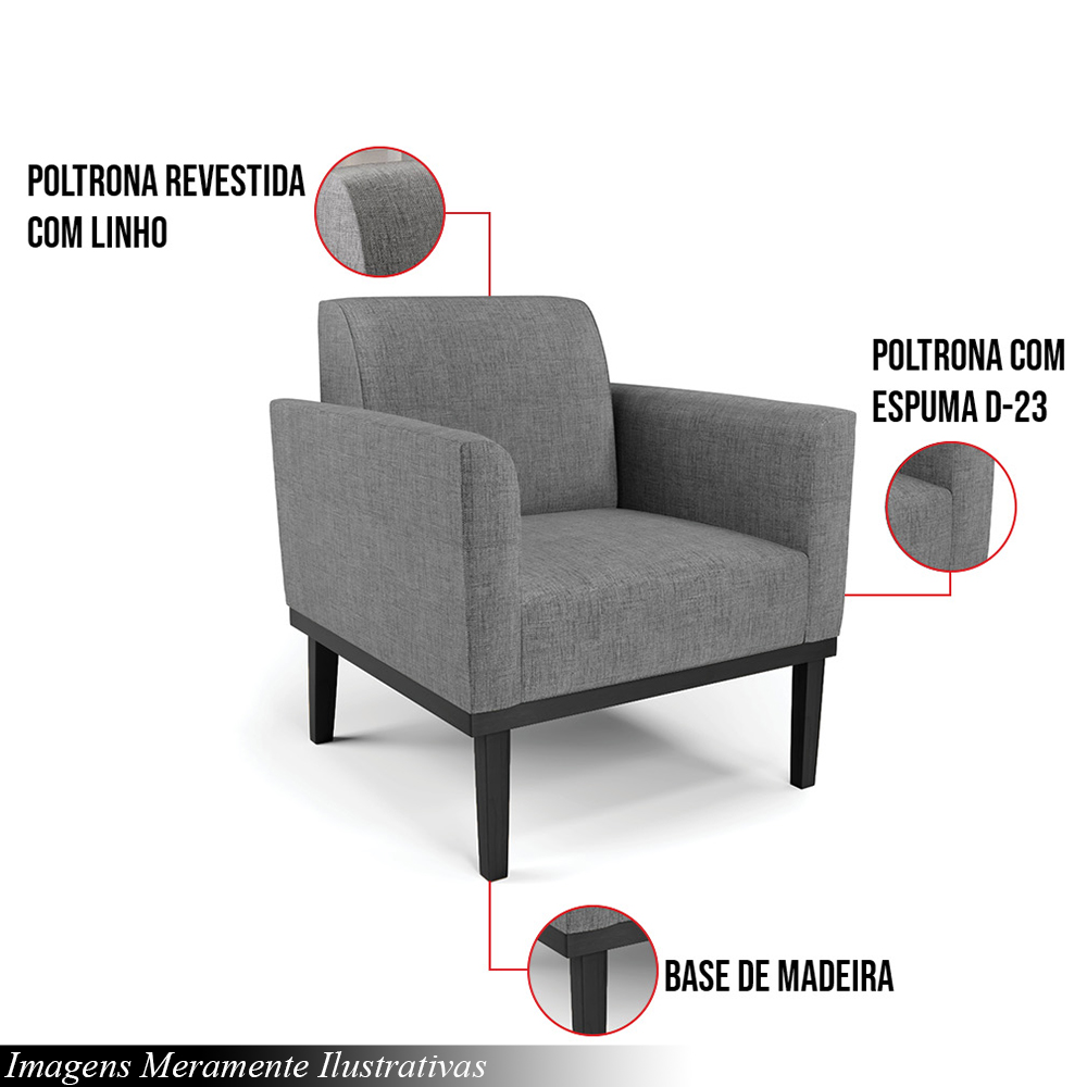 Poltrona Decorativa Isabella Pés Fixo em Madeira Preto Linho Cinza Mesclado G19 - Gran Belo