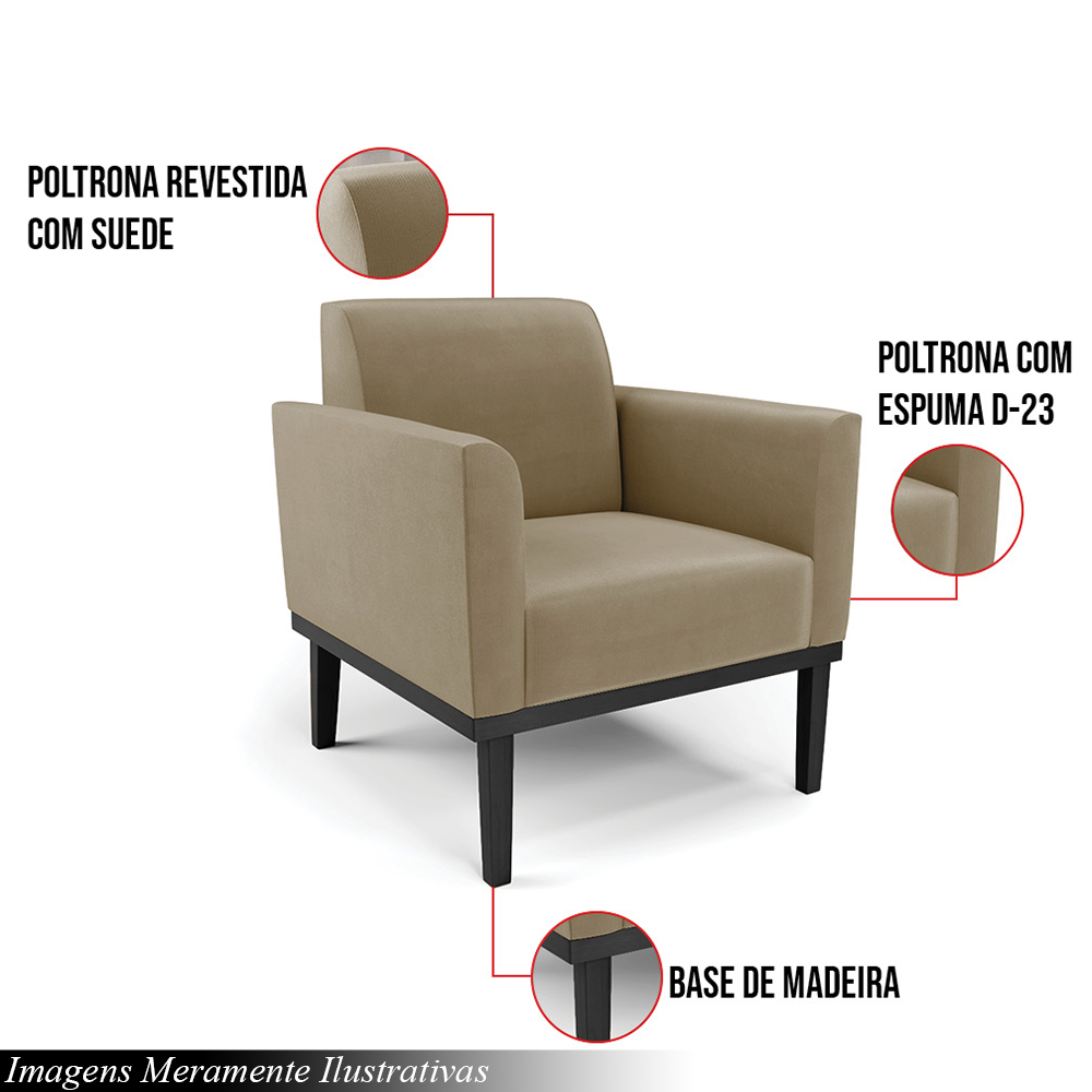 Poltrona Decorativa Isabella Pés Fixo em Madeira Preto Suede Nude G19 - Gran Belo