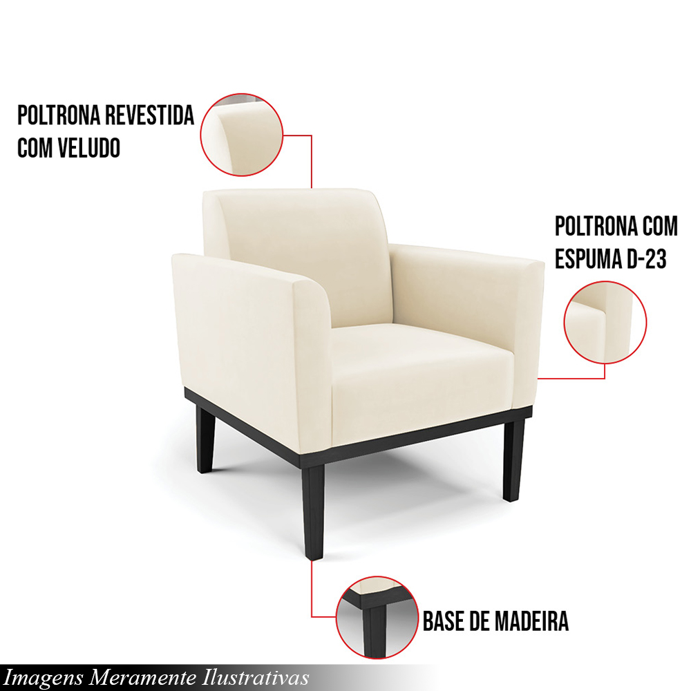 Poltrona Decorativa Isabella Pés Fixo em Madeira Preto Veludo Bege G19 - Gran Belo