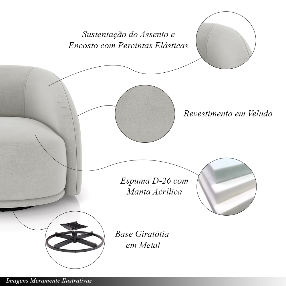 Poltrona Decorativa Jenny Base Giratória em Metal Preto Veludo Cinza Claro G45 - Gran Belo