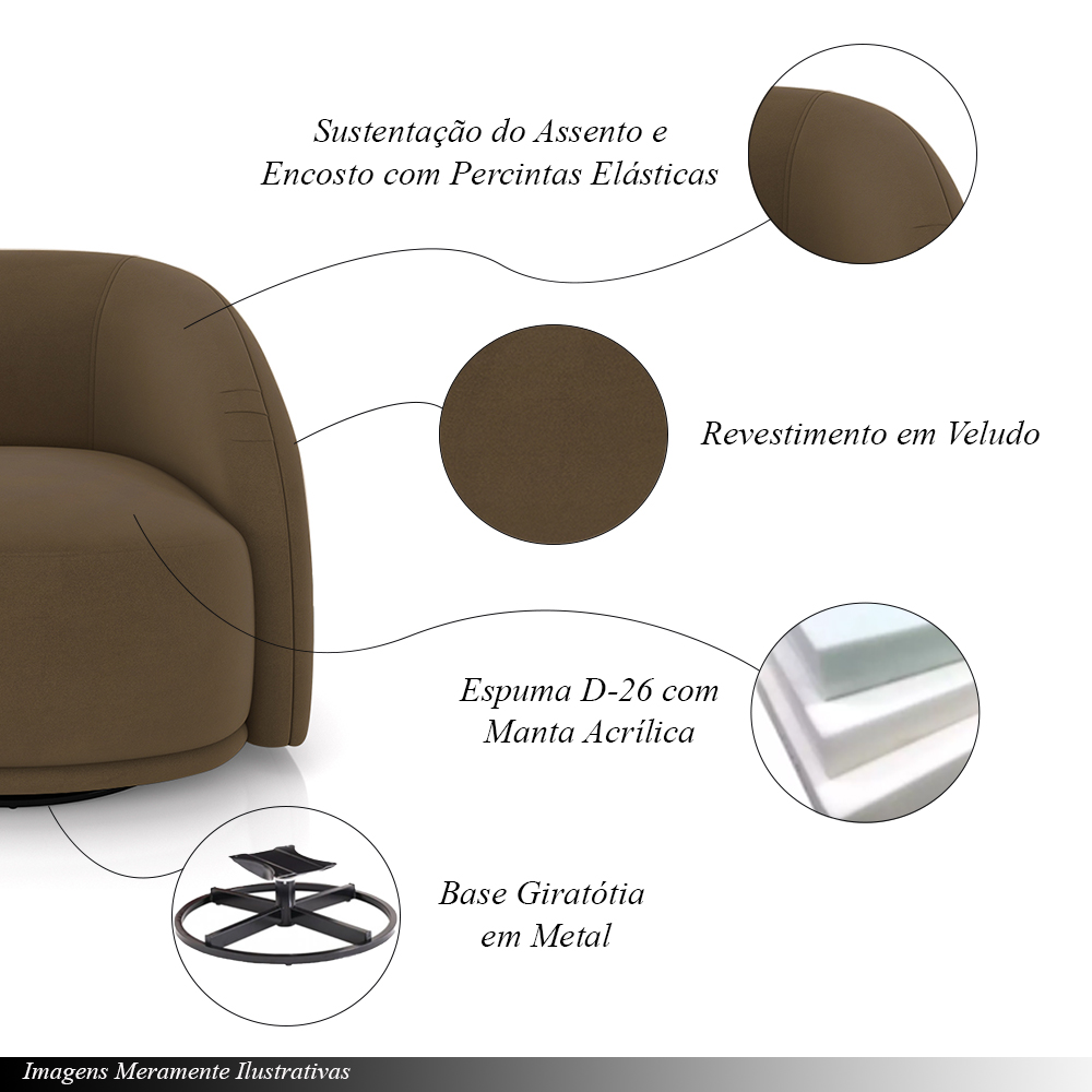 Poltrona Decorativa Jenny Base Giratória em Metal Preto Veludo Marrom G45 - Gran Belo