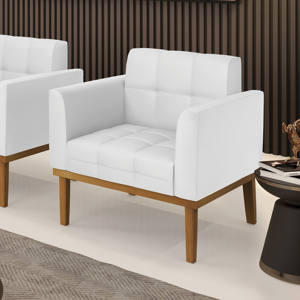 Poltrona Decorativa Karen Pés Fixo em Madeira Castanho PU Branco G19 - Gran Belo