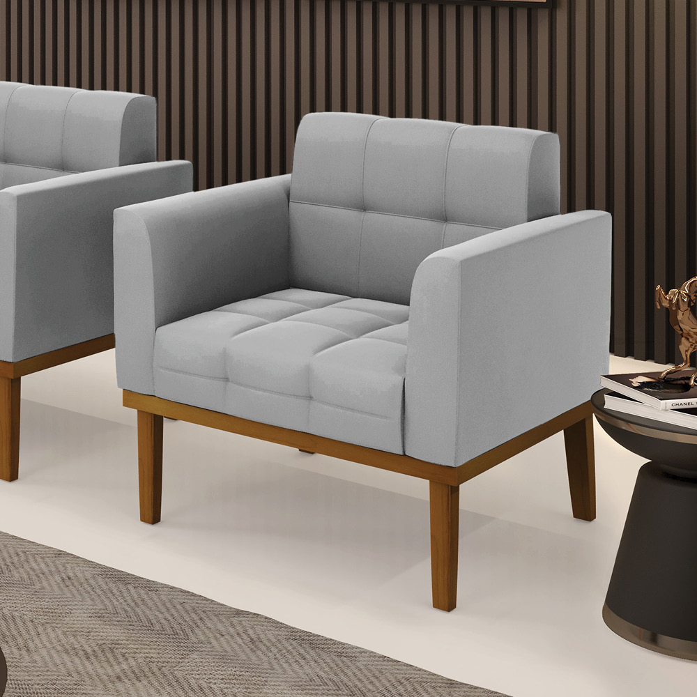 Poltrona Decorativa Karen Pés Fixo em Madeira Castanho Suede Cinza G19 - Gran Belo