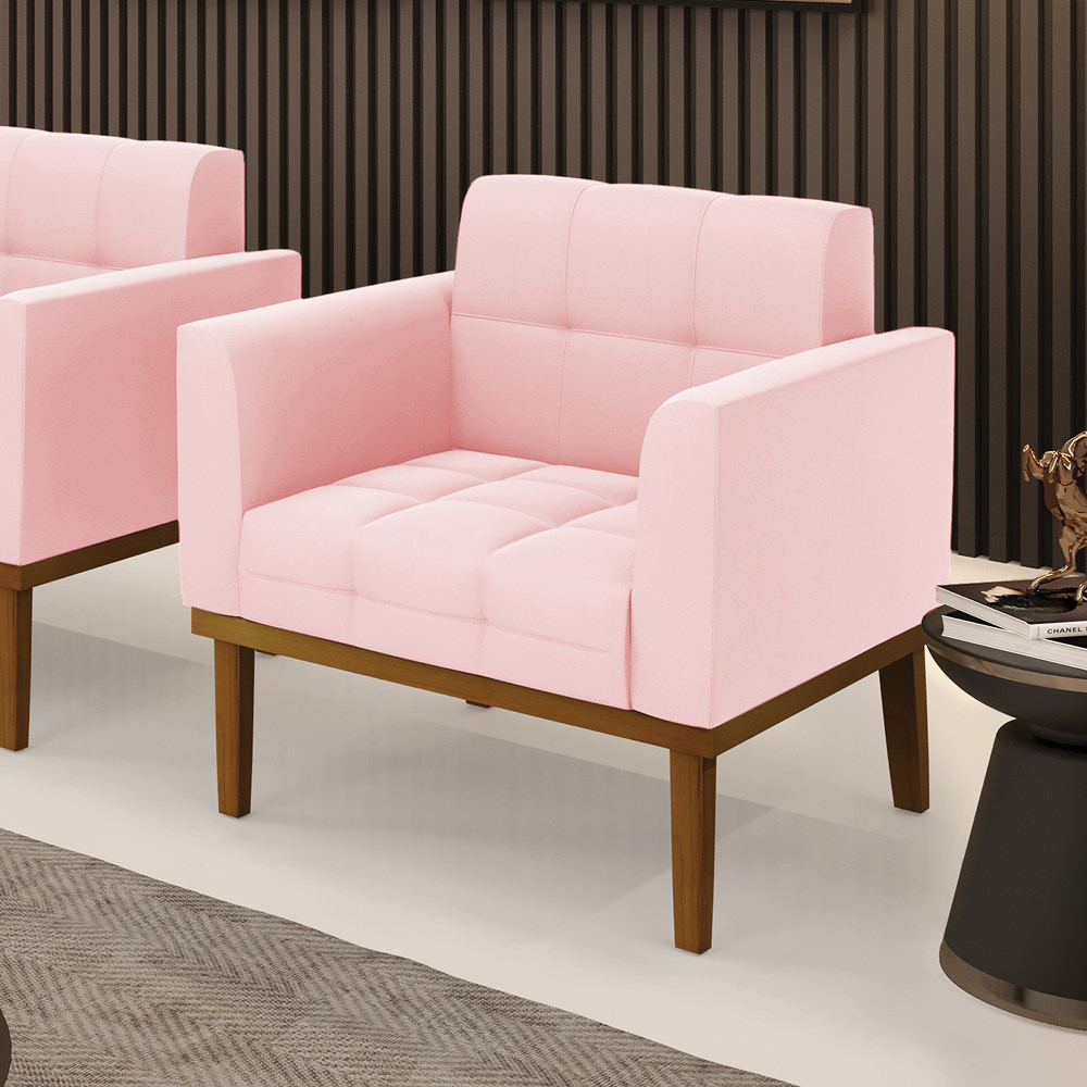 Poltrona Decorativa Karen Pés Fixo em Madeira Castanho Suede Rosa Bebê G19 - Gran Belo