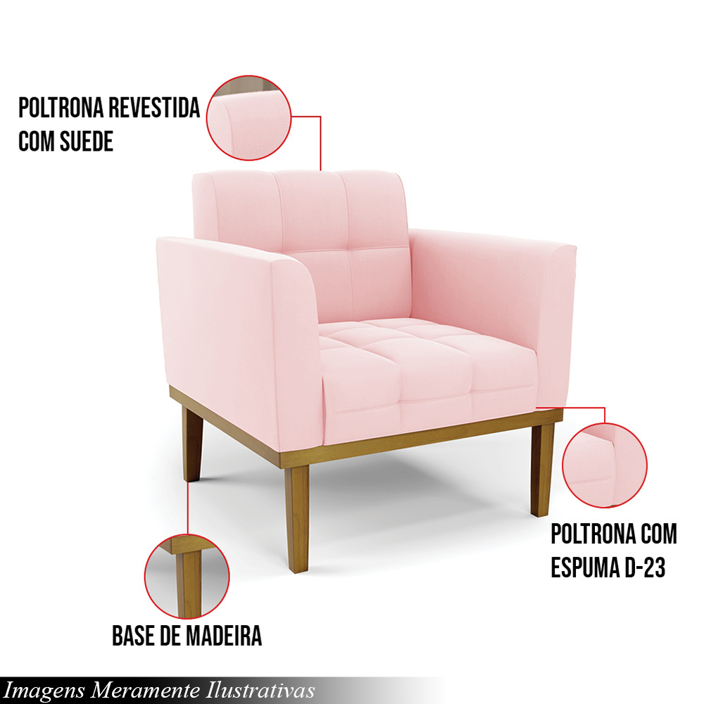 Poltrona Decorativa Karen Pés Fixo em Madeira Castanho Suede Rosa Bebê G19 - Gran Belo