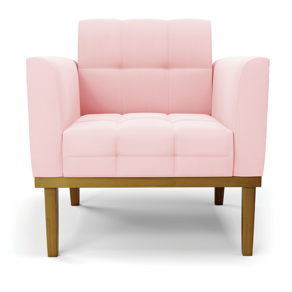 Poltrona Decorativa Karen Pés Fixo em Madeira Castanho Suede Rosa Bebê G19 - Gran Belo