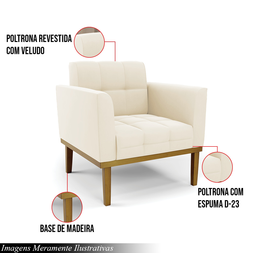 Poltrona Decorativa Karen Pés Fixo em Madeira Castanho Veludo Bege G19 - Gran Belo