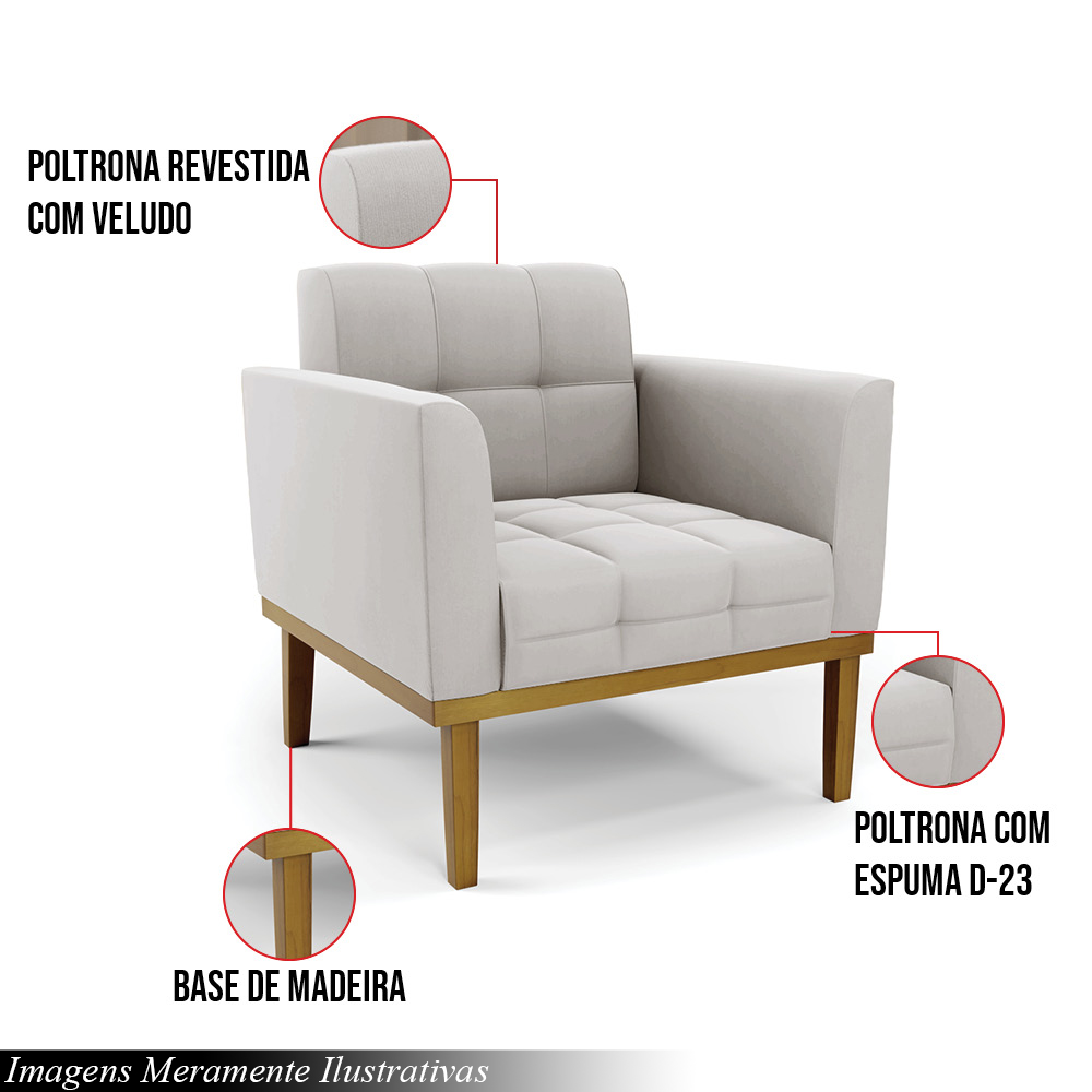 Poltrona Decorativa Karen Pés Fixo em Madeira Castanho Veludo Cinza G19 - Gran Belo