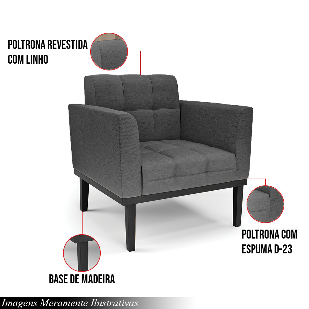 Poltrona Decorativa Karen Pés Fixo em Madeira Preto Linho Cinza Mesclado G19 - Gran Belo