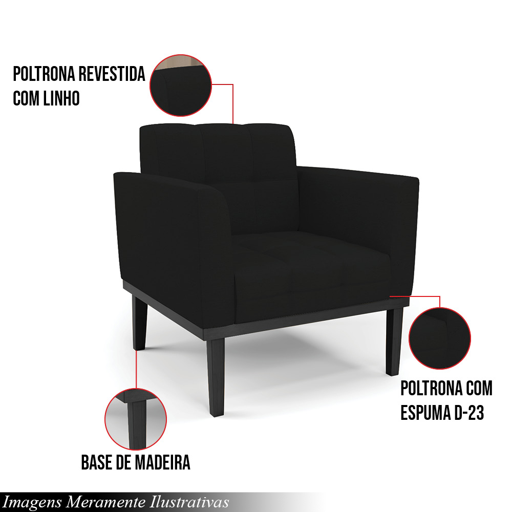 Poltrona Decorativa Karen Pés Fixo em Madeira Preto Linho Preto G19 - Gran Belo