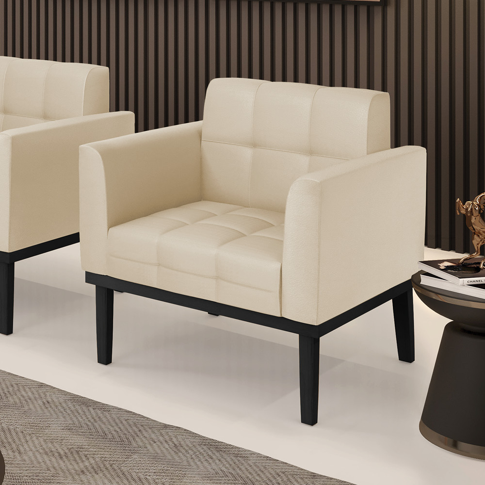Poltrona Decorativa Karen Pés Fixo em Madeira Preto PU Bege G19 - Gran Belo