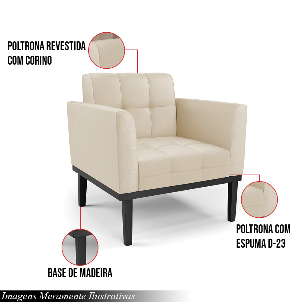 Poltrona Decorativa Karen Pés Fixo em Madeira Preto PU Bege G19 - Gran Belo