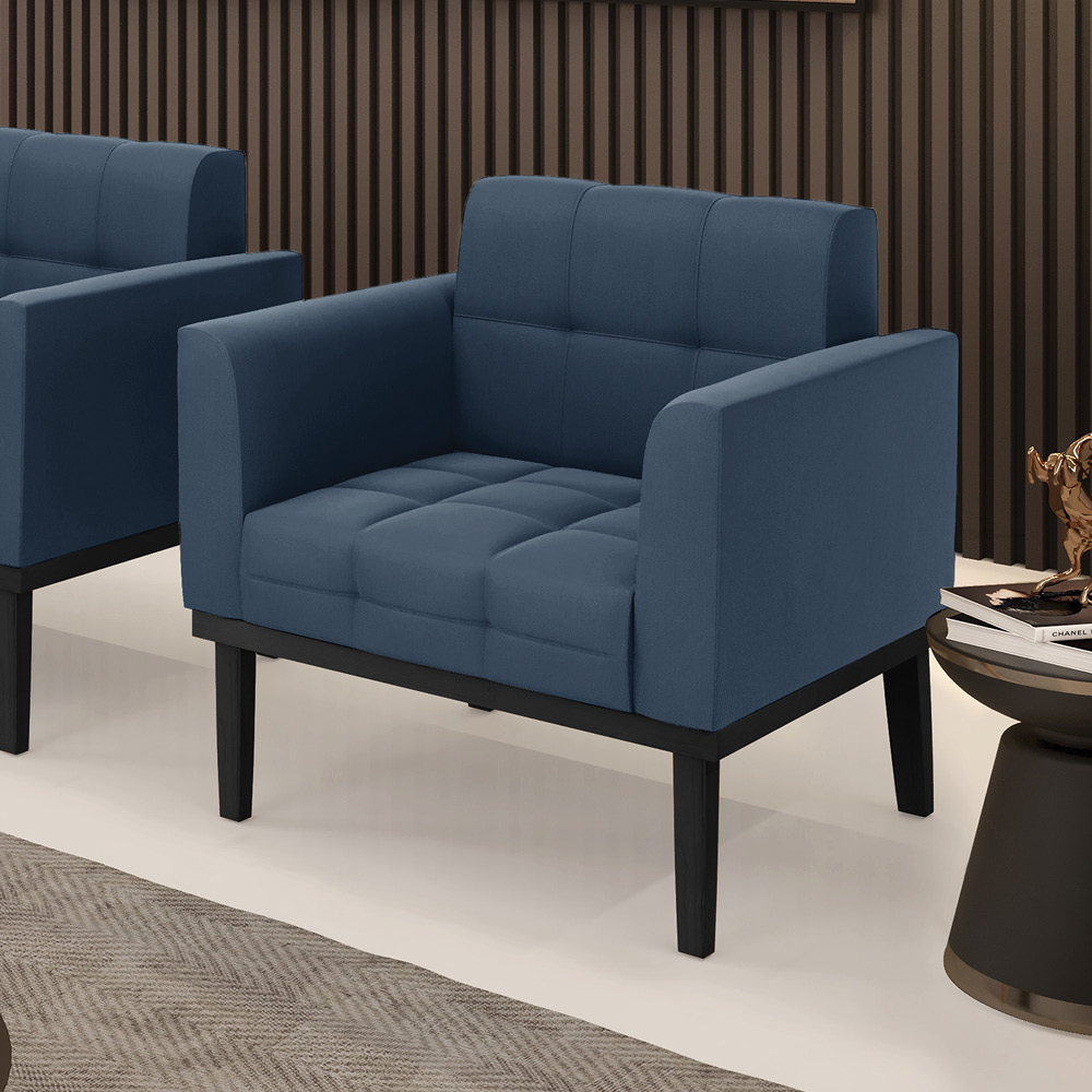 Poltrona Decorativa Karen Pés Fixo em Madeira Preto Suede Azul Marinho G19 - Gran Belo