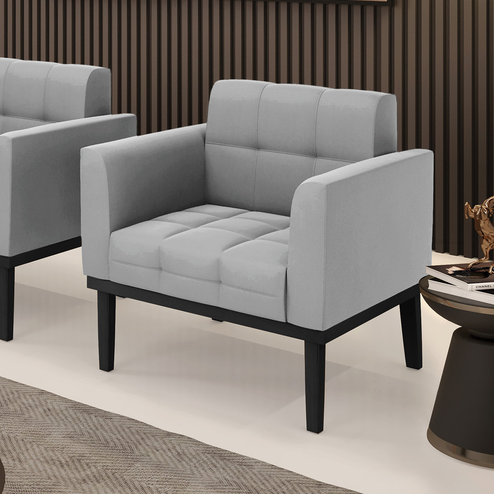 Poltrona Decorativa Karen Pés Fixo em Madeira Preto Suede Cinza G19 - Gran Belo