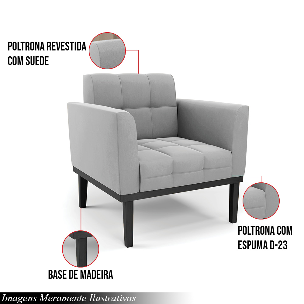 Poltrona Decorativa Karen Pés Fixo em Madeira Preto Suede Cinza G19 - Gran Belo