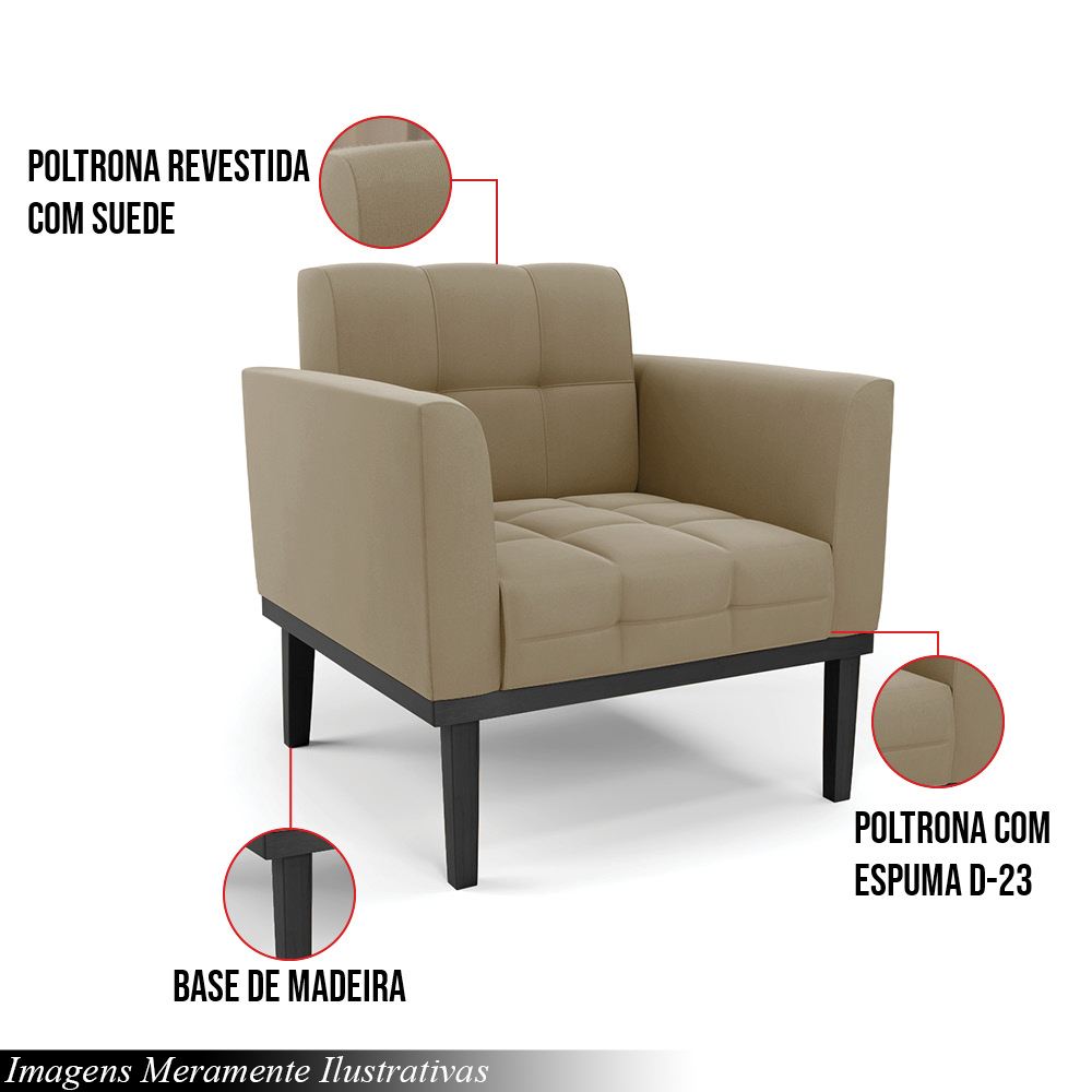 Poltrona Decorativa Karen Pés Fixo em Madeira Preto Suede Nude G19 - Gran Belo