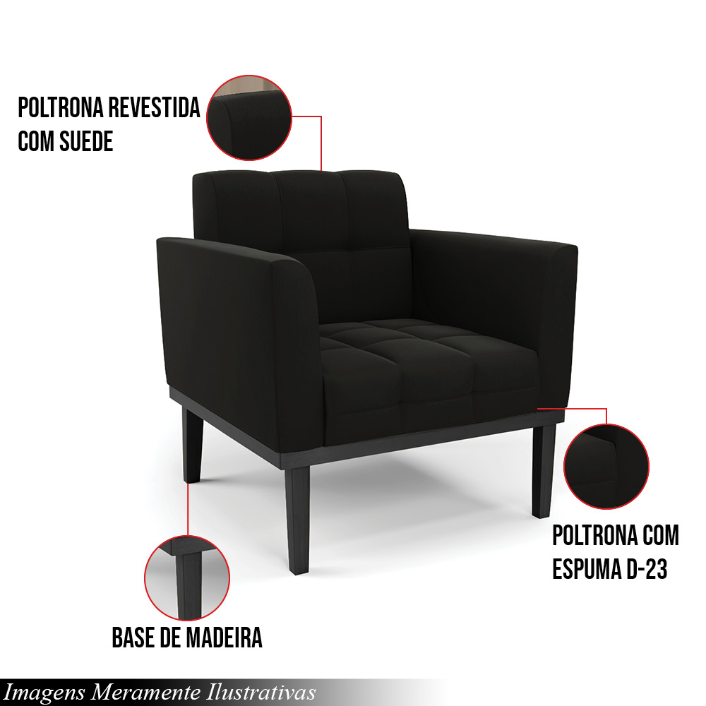 Poltrona Decorativa Karen Pés Fixo em Madeira Preto Suede Preto G19 - Gran Belo