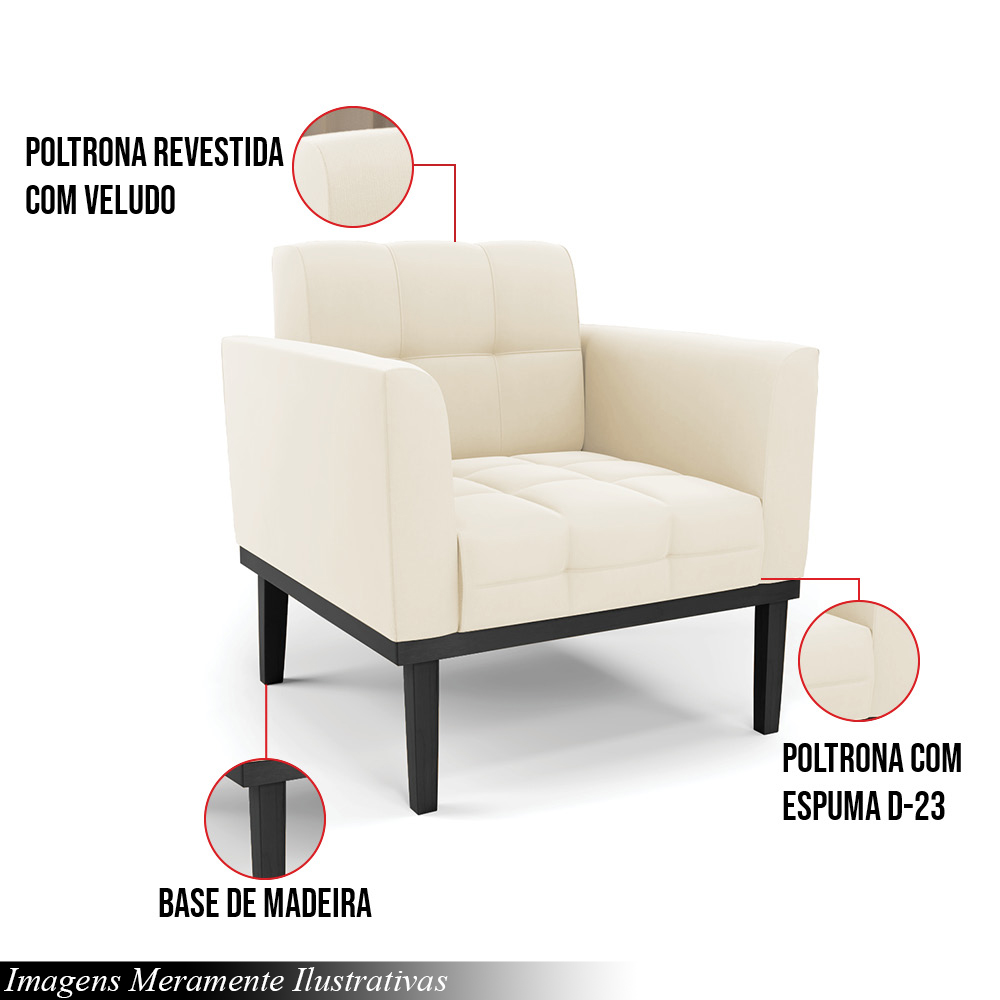 Poltrona Decorativa Karen Pés Fixo em Madeira Preto Veludo Bege G19 - Gran Belo