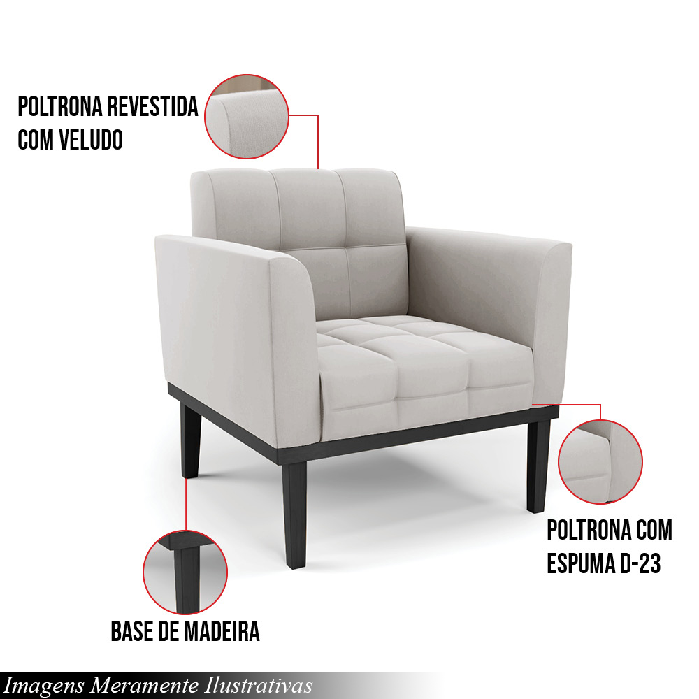 Poltrona Decorativa Karen Pés Fixo em Madeira Preto Veludo Cinza G19 - Gran Belo