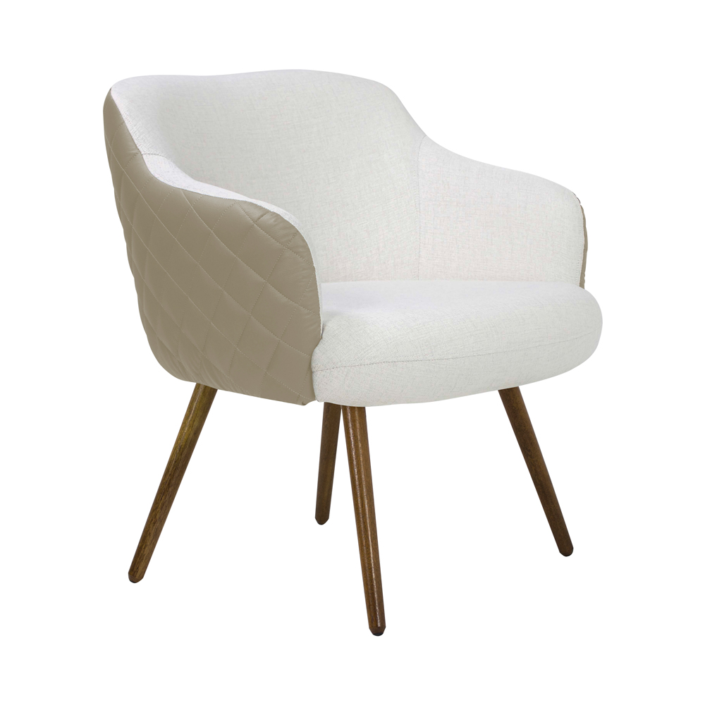 Poltrona Decorativa Kitana Pés Palito PU Sintético/Linho Bege/Branco - Gran Belo