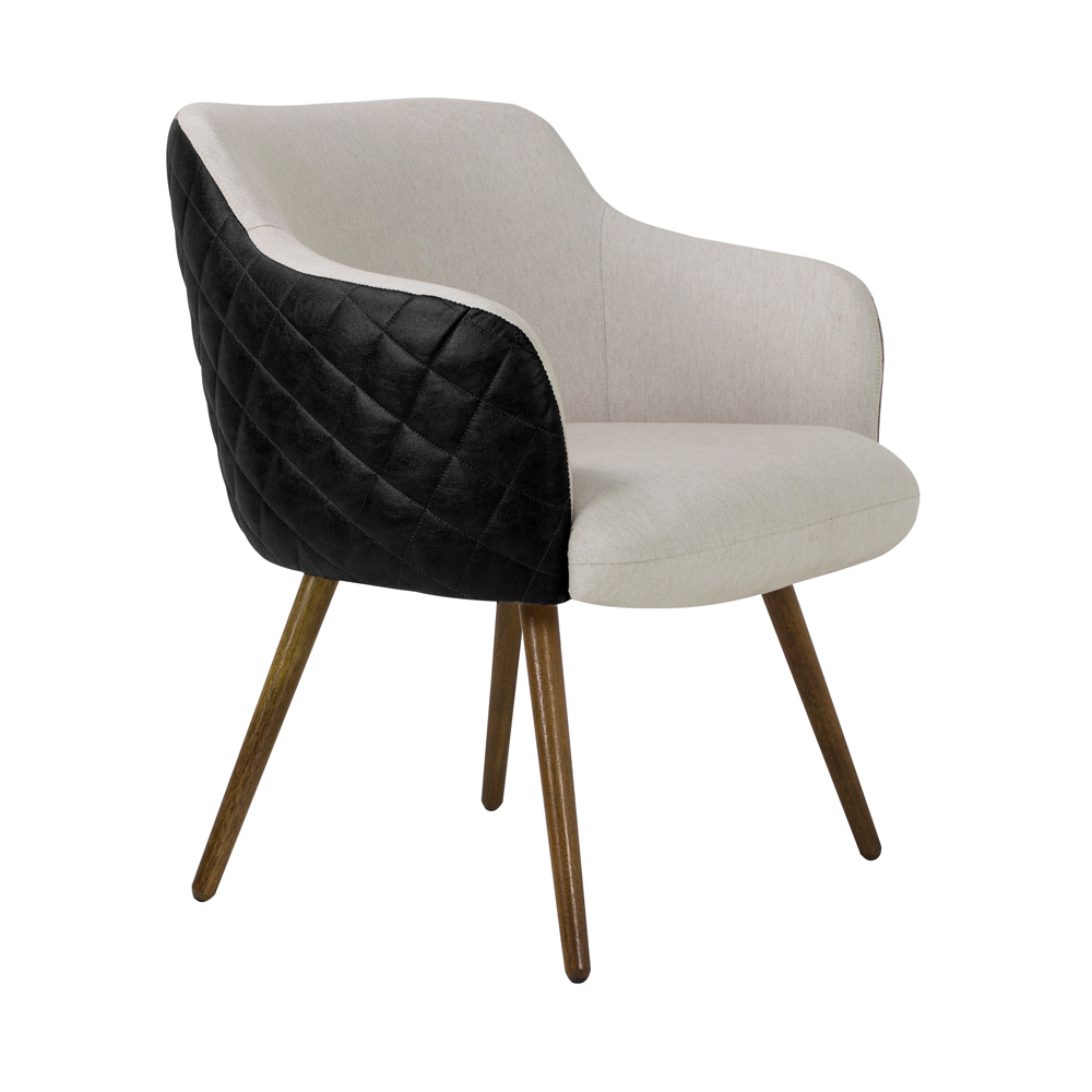 Poltrona Decorativa Kitana Pés Palito PU Sintético/Linho Preto/Areia G15 - Gran Belo