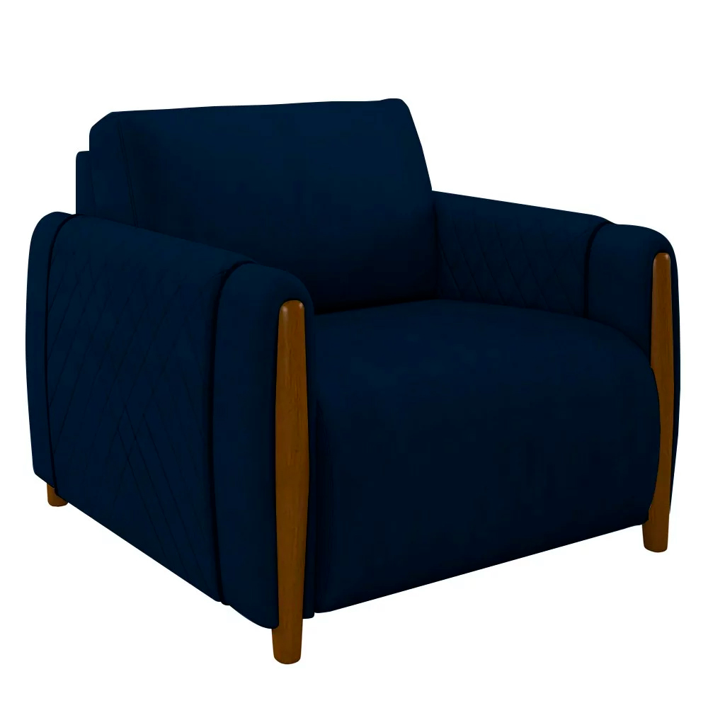 Poltrona Decorativa Pés Madeira Maceió Veludo Azul Marinho G45 - Gran Belo