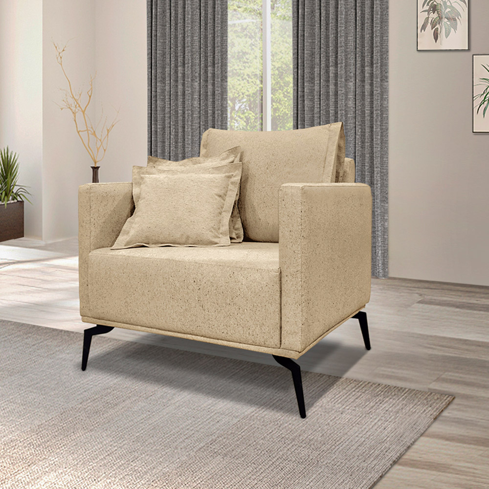 Poltrona Decorativa Pés em Aço Stagno Linho Bege G63 - Gran Belo