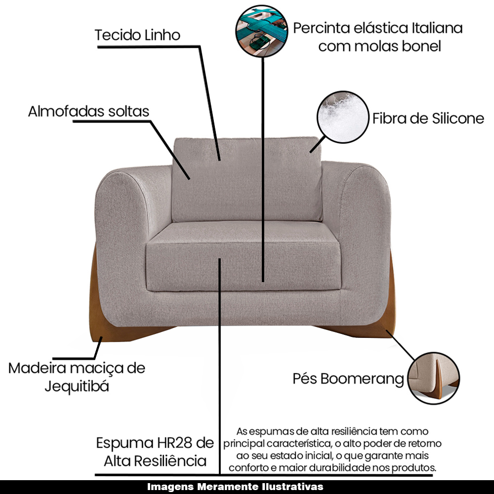 Poltrona Decorativa Pés em Madeira Buzz Linho Areia Rústico G63 - Gran Belo