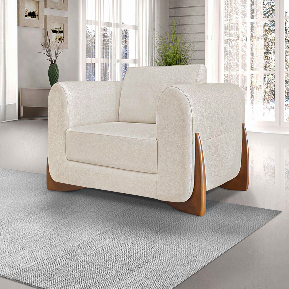 Poltrona Decorativa Pés em Madeira Buzz Linho Off White Rústico G63 - Gran Belo