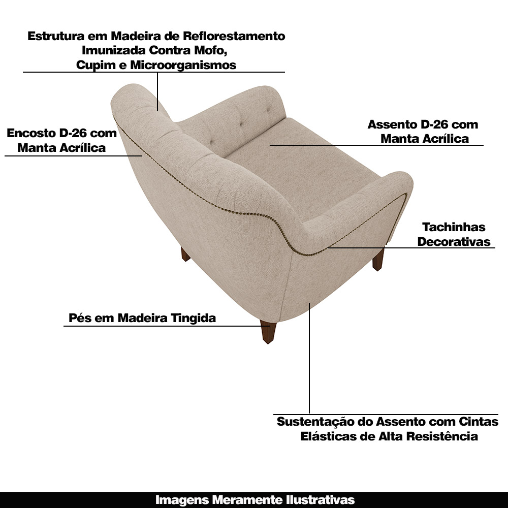 Poltrona Decorativa Pés em Madeira Petra Linho Cru G45 - Gran Belo