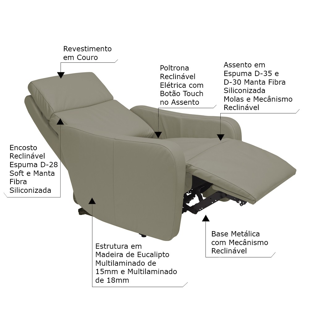 Poltrona Decorativa Reclinável Elétrica Moroni Couro Avelã G43 - Gran Belo