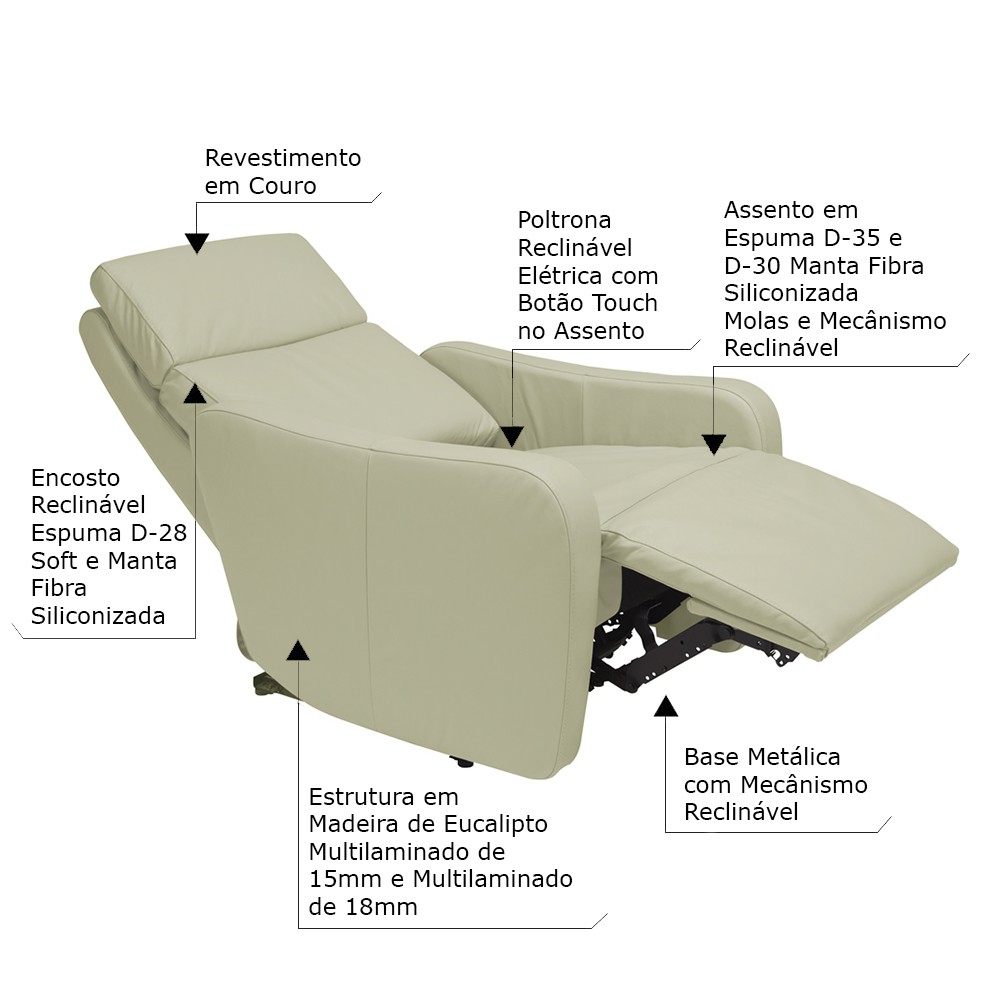Poltrona Decorativa Reclinável Elétrica Moroni Couro Off White G43 - Gran Belo