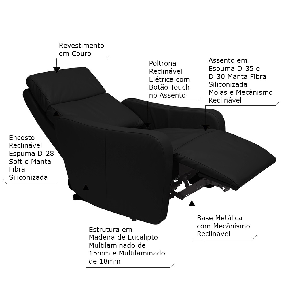 Poltrona Decorativa Reclinável Elétrica Moroni Couro Preto G43 - Gran Belo