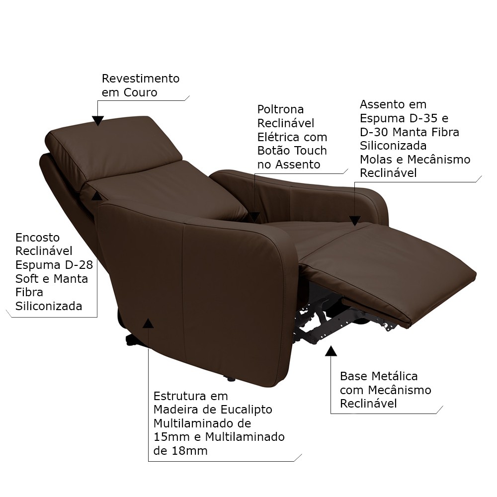 Poltrona Decorativa Reclinável Elétrica Moroni Couro Tabaco G43 - Gran Belo