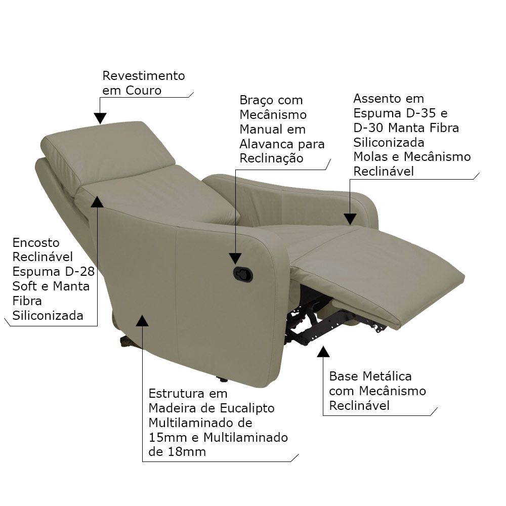 Poltrona Decorativa Reclinável Manual Moroni Couro Avelã G43 - Gran Belo