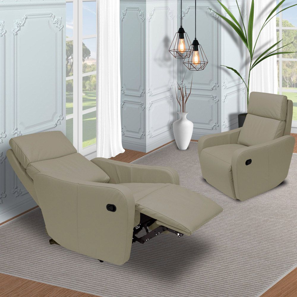 Poltrona Decorativa Reclinável Manual Moroni Couro Avelã G43 - Gran Belo