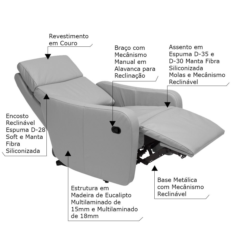 Poltrona Decorativa Reclinável Manual Moroni Couro Cinza G43 - Gran Belo