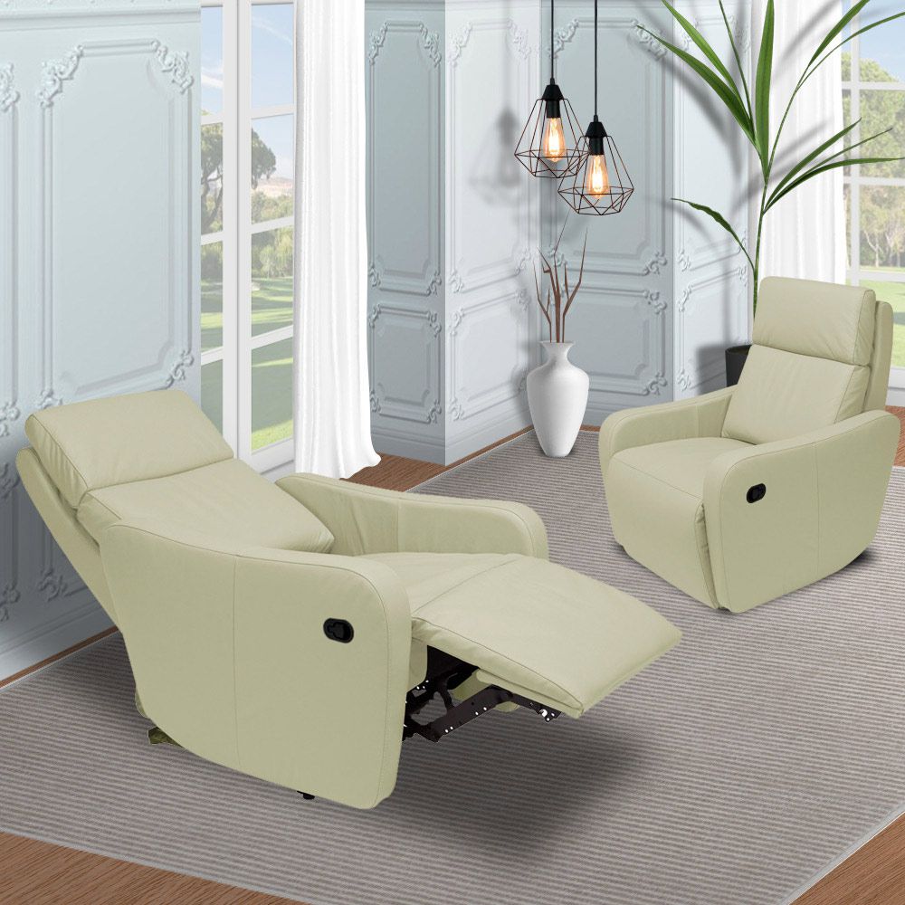 Poltrona Decorativa Reclinável Manual Moroni Couro Off White G43 - Gran Belo