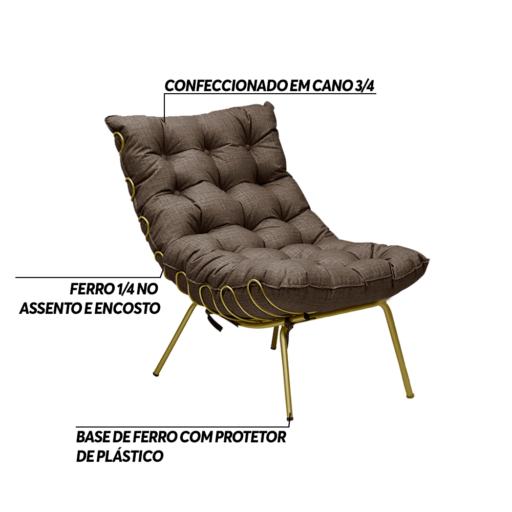 Poltrona Decorativa Sala de Estar Abel Base de Ferro Dourada Linho Marrom G41 - Gran Belo